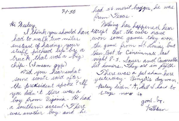 Letter from Wesley Vietzke's Sister Kathleen
